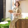 Chic Summer Suit: Elegant Chinese Style Two-Piece Set for Middle-Aged and Elderly Women - Short-Sleeve Shirt & Pants.