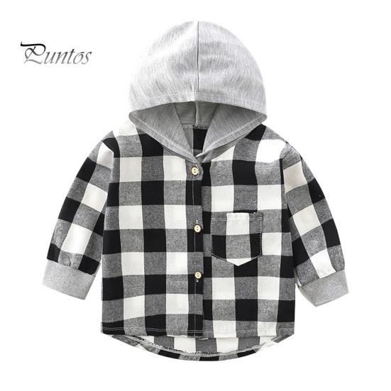 Kids Plaid Hooded Shirt Spring Fall Chest Pocket Button Closure Loose Causal Boys Girls Toddlers Children Long Sleeves Top Jacket