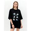 Oversized T Shirt Black Cute Rabbit And Cat Print With Phrases For Casual Wear