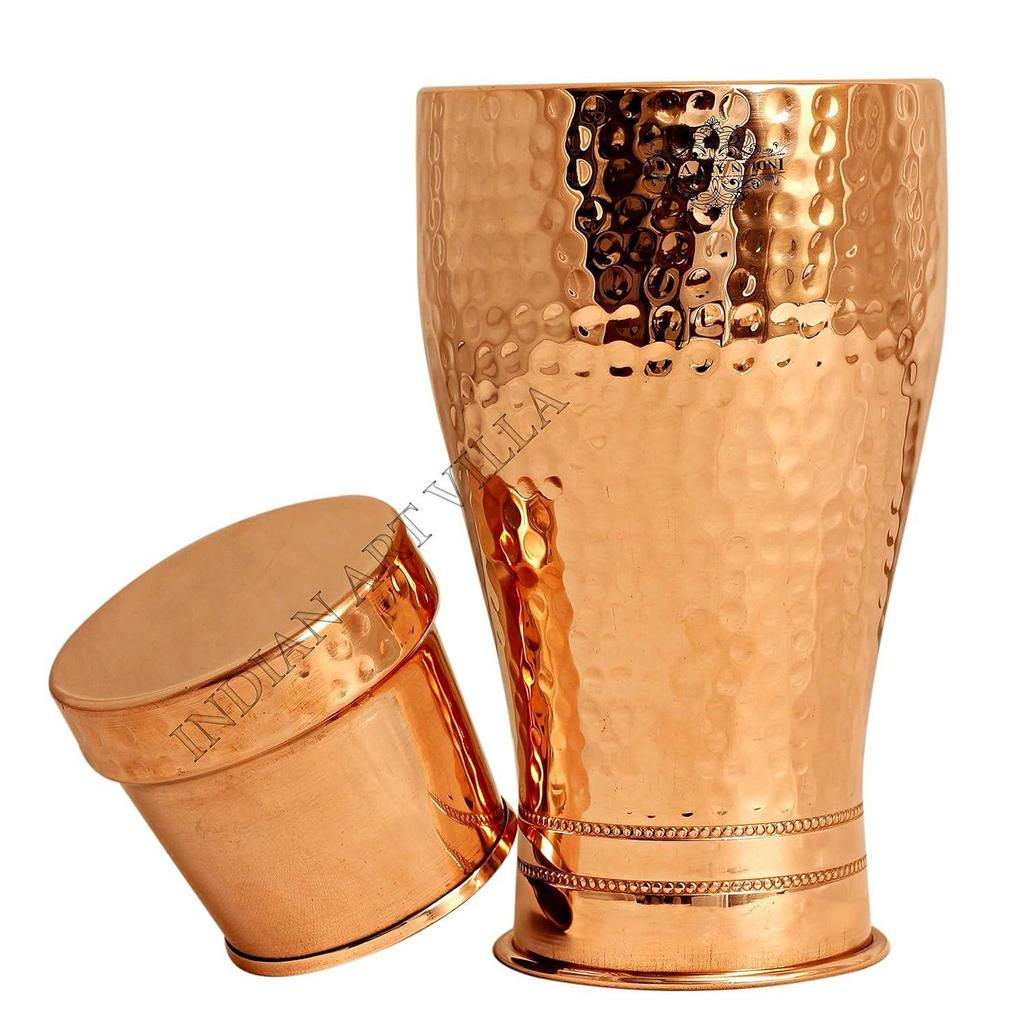 Pure Copper Bedroom Water Bottle with Inbuilt Glass, Hammered Shine Design, Drinkware and Storage Purpose, 1000 Ml (Pack of 1)