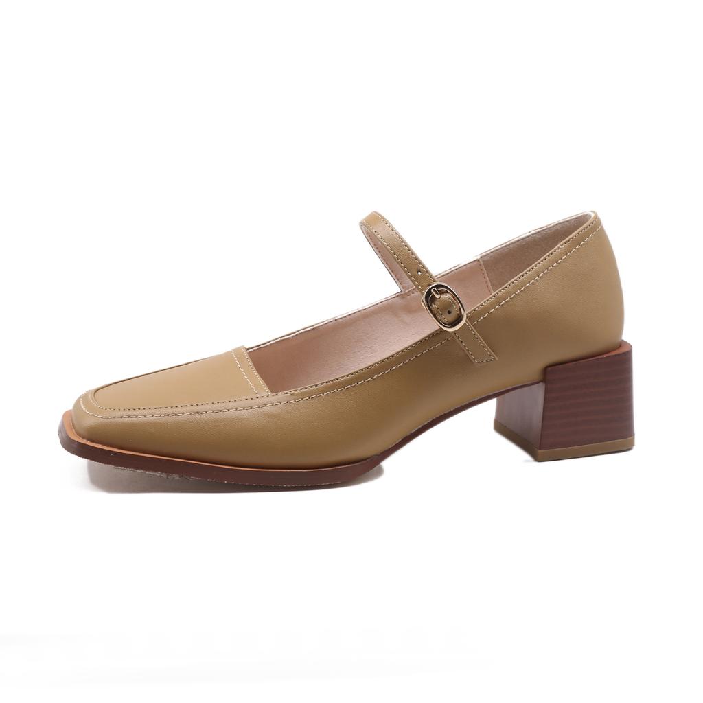 Square Toe Mary Janes Pumps Shoes Women Med Heel Buckle Sandals Summer Spring Leather Heels Shoes