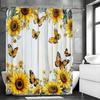 Sunflower Butterfly Wood Grain Shower Curtain, Bathroom Decorative Shower Curtain, Waterproof Shower Curtain with Hooks