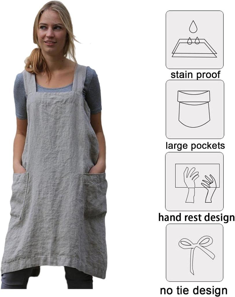 Women's Summer Casual Cotton Linen Solid Apron Long Waist Home Clothes Loose Long Dress