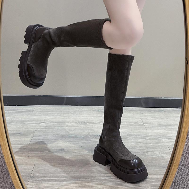 2025 Skinny Thick Heel Retro Elastic Skinny Boots Women's Autumn Thick-soled Medium Heel Martin Boots British Style Tall Socks Boots