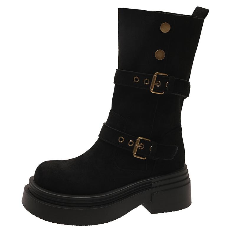 Mid-calf Flat with Modern Boots Winter Slip-on 2024 High Quality Women's Shoes Round Toe Low Heel Buckle Novelty Women's Boots