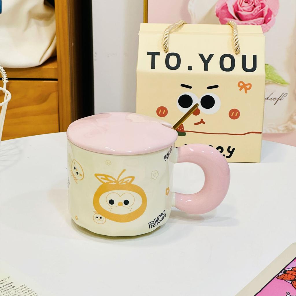 Small Gift Mug Ceramic Small Gift Box Cup Household Water Cup Ceramic Cup Small Orange with Lid Spoon