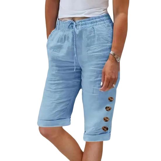 Women Summer Shorts Elastic Waistband Adjustable Drawstring Casual Pants with Pockets Solid Color Buttons Decor Knee-length Pants