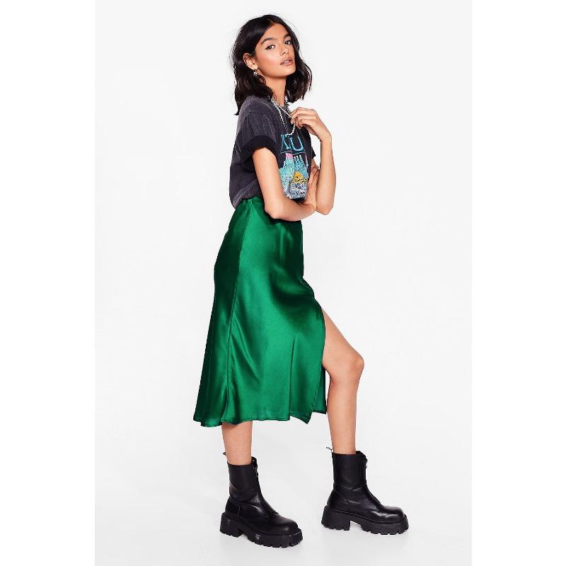 Elegant Temperament, High-quality Acetate Satin Elastic High-waist Split Mid-length Skirt