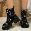 Large Size Thick Heel Thick-soled Martin Boots Women's 2024 Winter New British Style Printing Graffiti Lace-up Martin Boots