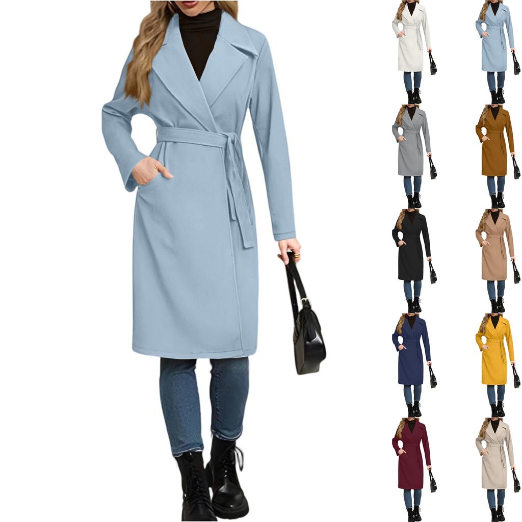 Women's Casual Fashion Solid Color Long-sleeved V-neck Tie Long Woolen Coat