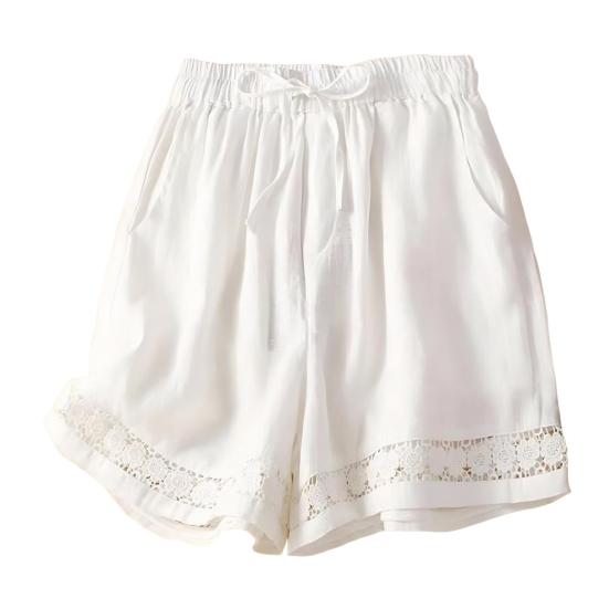 Women's Loose Boho Summer Shorts Drawstring Comfy Elastic Waist Shorts High-Waisted Wide-Leg Hollow Floral Lace Shorts