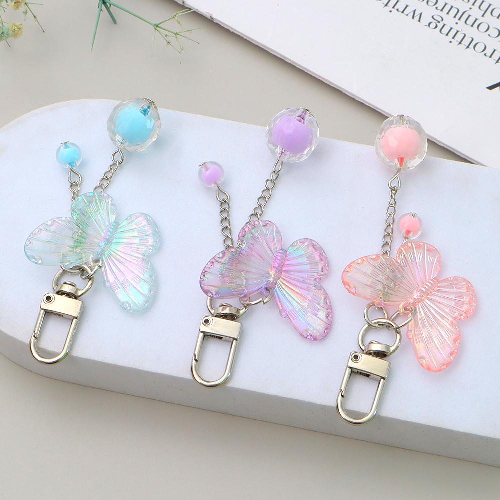 Cute Acrylic Butterfly Keychain Transparant Round Ball Tassel Keyring Women Bag Charm Earphone Case Car Key Pendant DIY Ornament