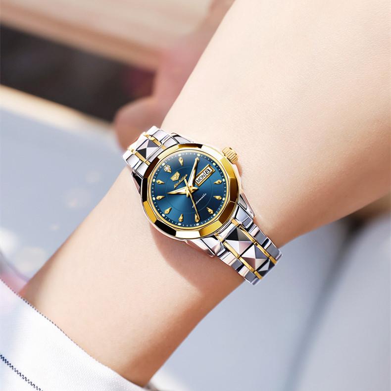JINSHIDUN New Business and Leisure Ladies Watch Fully Automatic Mechanical Watch Tungsten Steel Double Calendar Luminous Waterproof High-end Watch