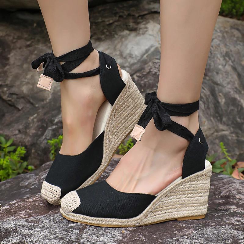 Fashion Ankle Lace Up Wedges Sandals Women Summer Closed Toe Espadrille Platform Sandles Woman High Heels Gladiator Sandalias Mujer 43