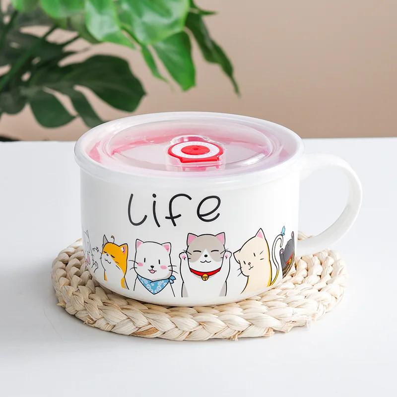 Large Capacity Salad Bowl Noodle Ceramic Bowls with Lid Cute Cartoon Pattern Food Container Household Tableware Kitchen Supplies