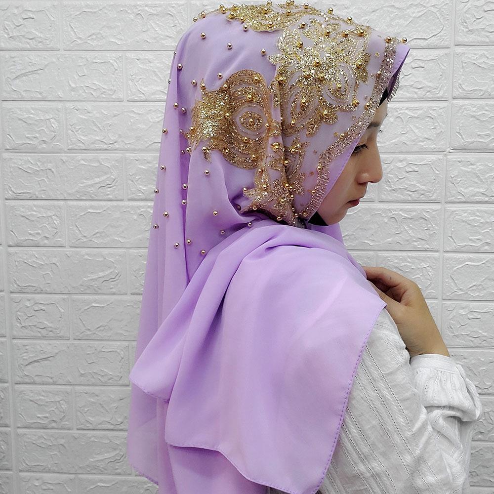 Rhinestone Beaded Chiffon Headscarf: Breathable Sun Protection Muslim Wrap In Ethnic Style