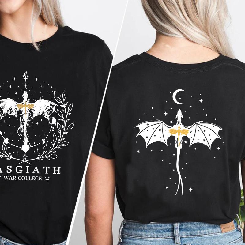Basgiath War College T-shirt Double-side Print Fourth Wing Tshirt Dragon Rider Dark Academia T Shirt Crew Neck Short Sleeve Tops