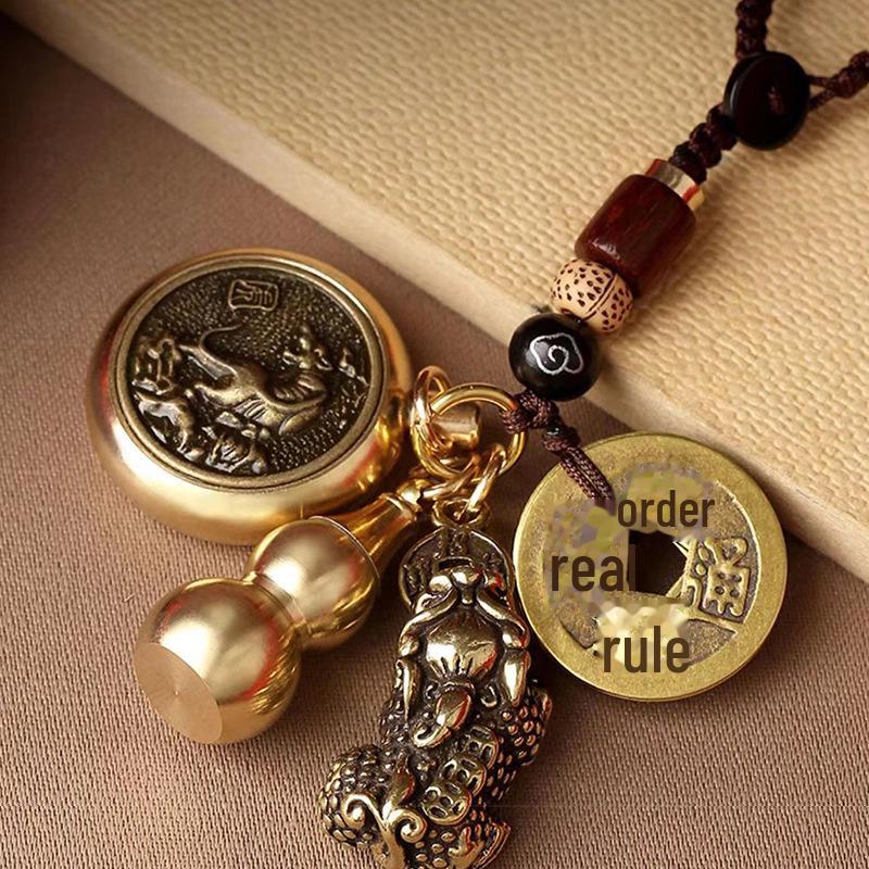 Pixiu Cinnabar Brass Keychain with Zodiac and Five Emperors Coins Pendant