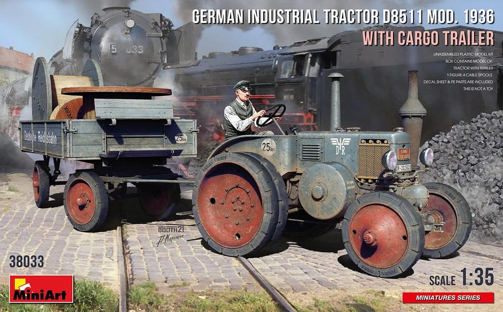 MiniArt Scale German D8511 Industrial Tractor Type 1936 with Cargo Trailer Plastic Model Kit MA38033 1/35