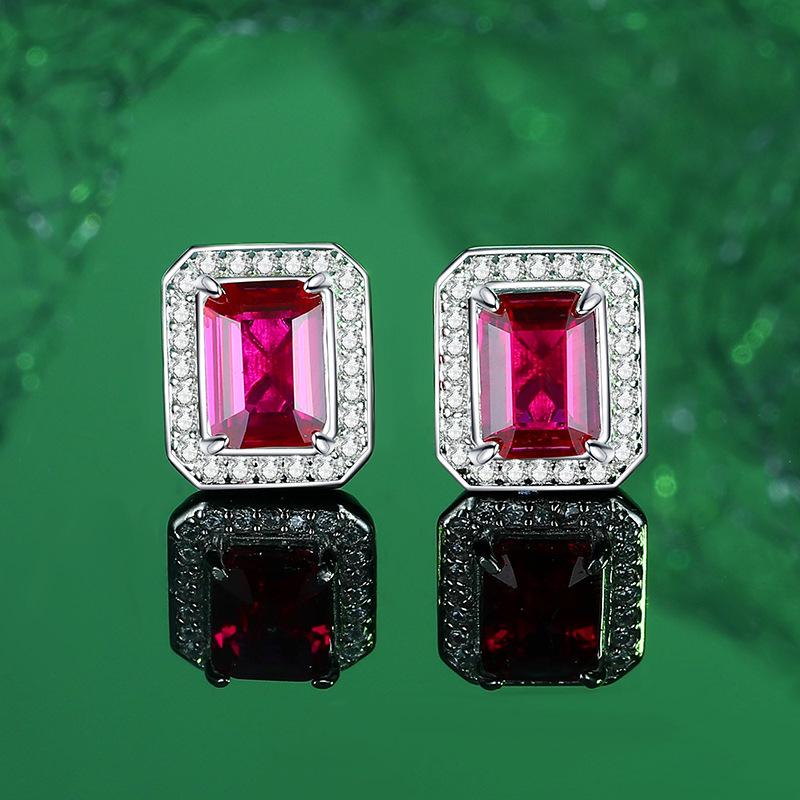 S925 Sterling Silver Ruby Pendant Necklace, Ring, and Stud Earrings Set - Simulated Pigeon Blood Red