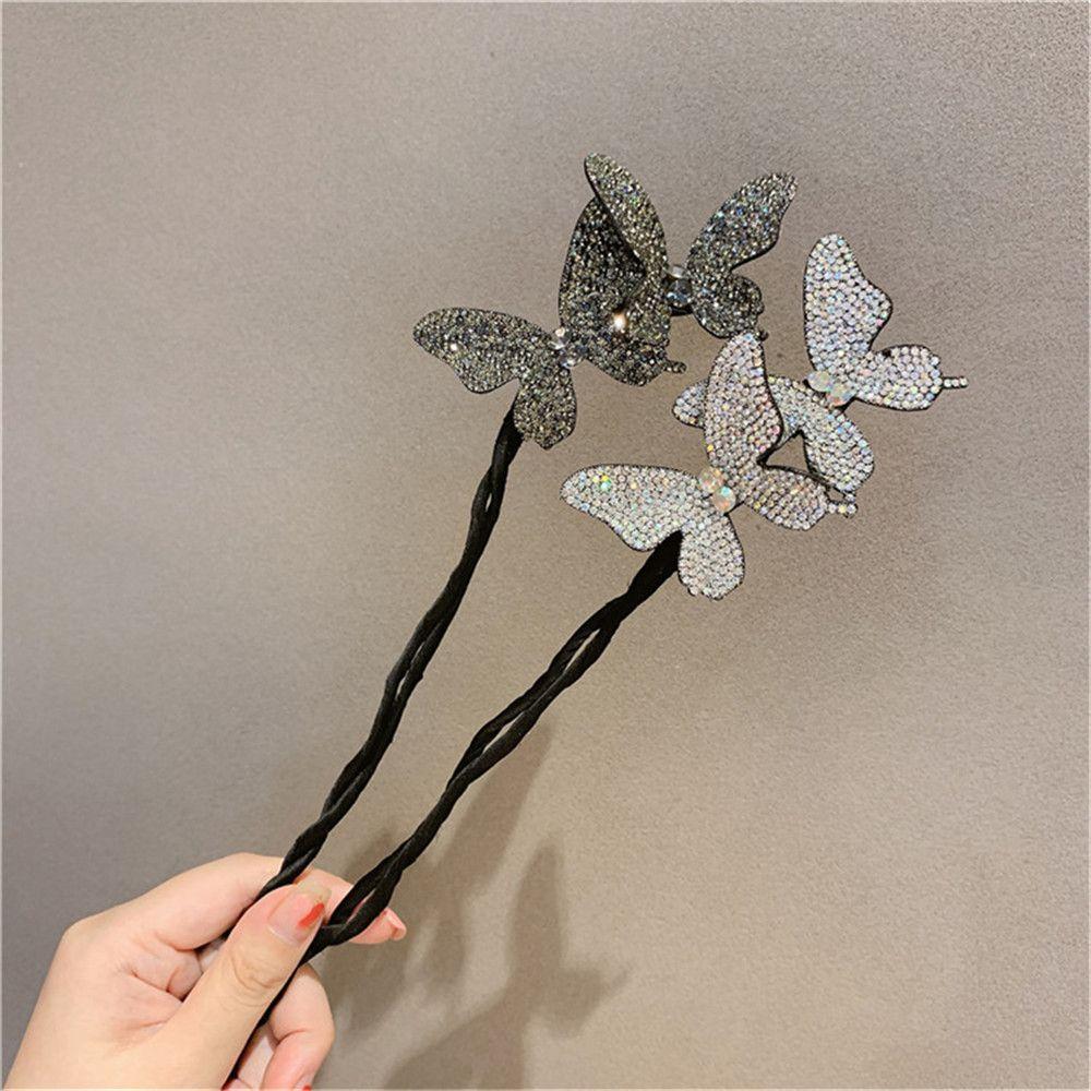 Crystal Handmade Butterfly Hair Clip Elegant Bud Hairpin Butterfly Shape Hairpins Bun Maker