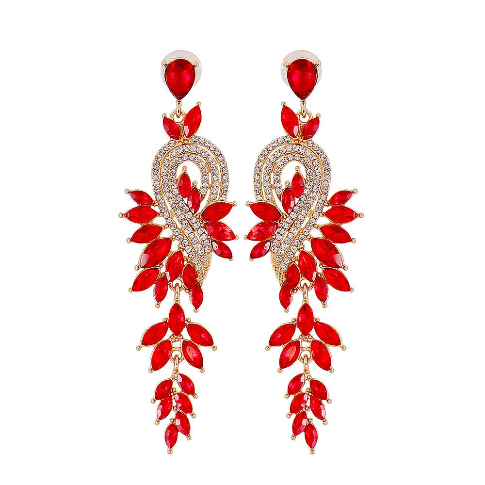Water Droplet Shaped Retro Long Leaf Tassel Alloy Diamond Inlaid Elegant Temperament Earrings