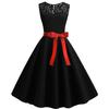 Lady Petticoats Plus Size O-Neck Sleeveless See-through Lace Stitching Ribbon Bowknot Gown Dress A-Line Skater Large Hem Midi Princess Dress
