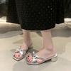 Summer 2025 New Bow Square Head Open Toe One-word Drag Women's Fashion Thick Heel Cool Slippers