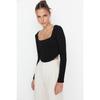 Black Piping Detailed Square Neck Fitted Crop Interlock Knitted Blouse Twoaw23bz00151