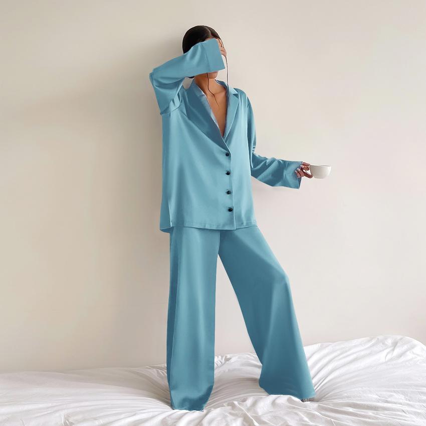 New Satin Silk Pajamas Low-cut Sexy Pajamas for Women Single-breasted Long-sleeved Wide-leg Pants Trousers Suit
