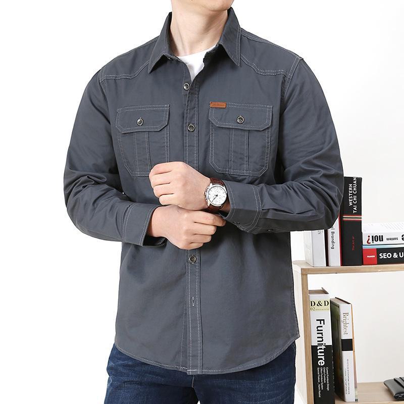 Men's Casual Loose-Fit Long-Sleeve Shirt - Solid Color, Large Size, Autumn Workwear with Pocket