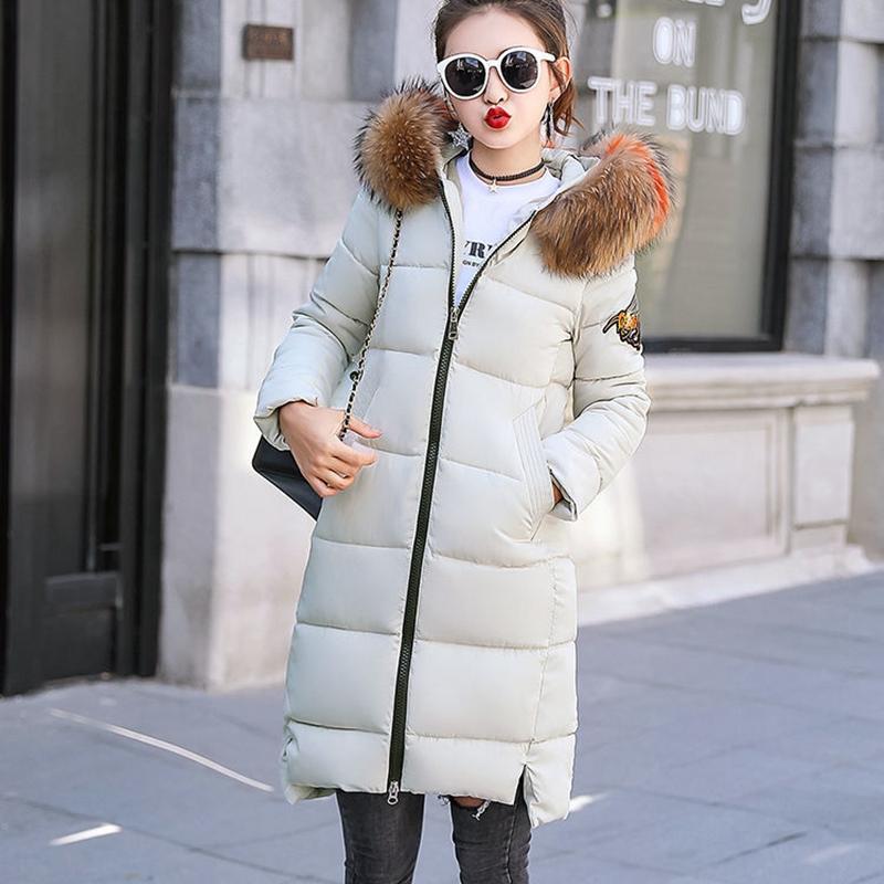 Women Fall Winter Down Cotton Parkas Jacket Coat Long Hooded Fur Collar Full Sleeve Zipper Pocket Thick Solid Color Outwear