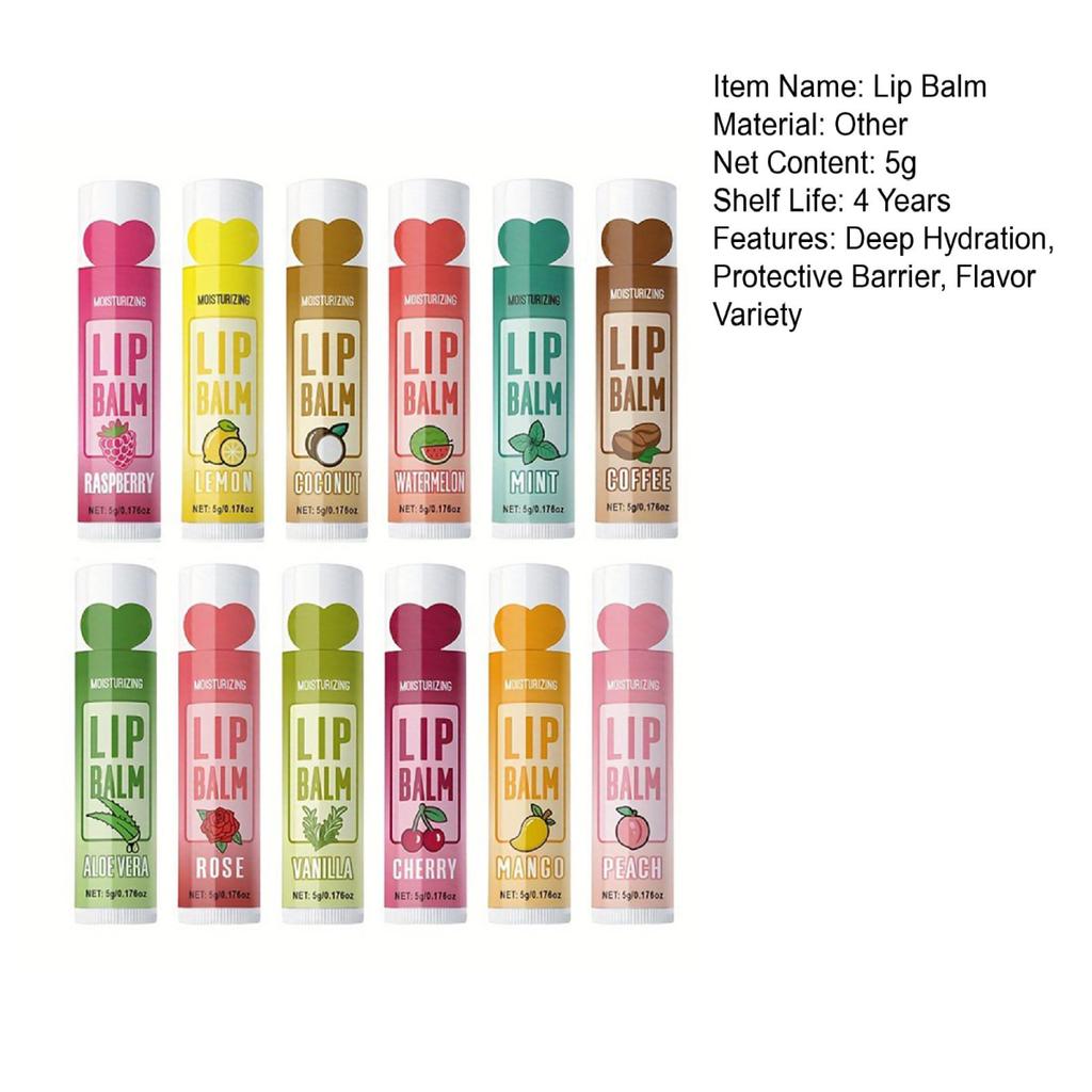 12Pcs/Box Deep Moisturizing Lip Balm 5g Long-Lasting Hydrates Nourishes Repair Lips Balm 12 Flavors Protects Heals Nourishing Lip Care