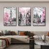 Street Views Posters Lovers With Umbrella Canvas Prints Pink Trees Tower Painting Wall Art for Living Room Modern Home Decor