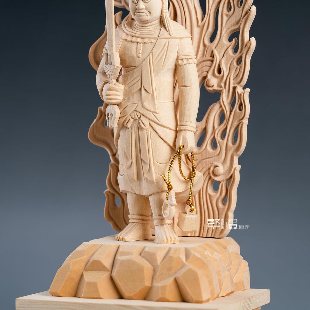 Buddha Statue Fudo Myoo Fudo Buddhist Altar Buddha Statue Wood Carving Cypress Wooden Inches Rock Pedestal Flame Halo Year of the Rooster Protective