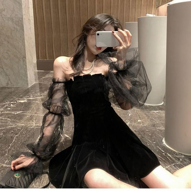 Black Retro Dress Women Lace Chiffon Mini Dress Female High Street Korean Style Dress Party Dress