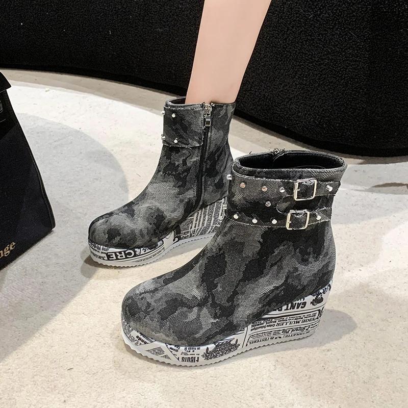 Thick Soled Boots Women Spring and Autumn 2024 New Denim Women's Boots Low Rise Casual Increase Height Shoes Female Mid-Calf