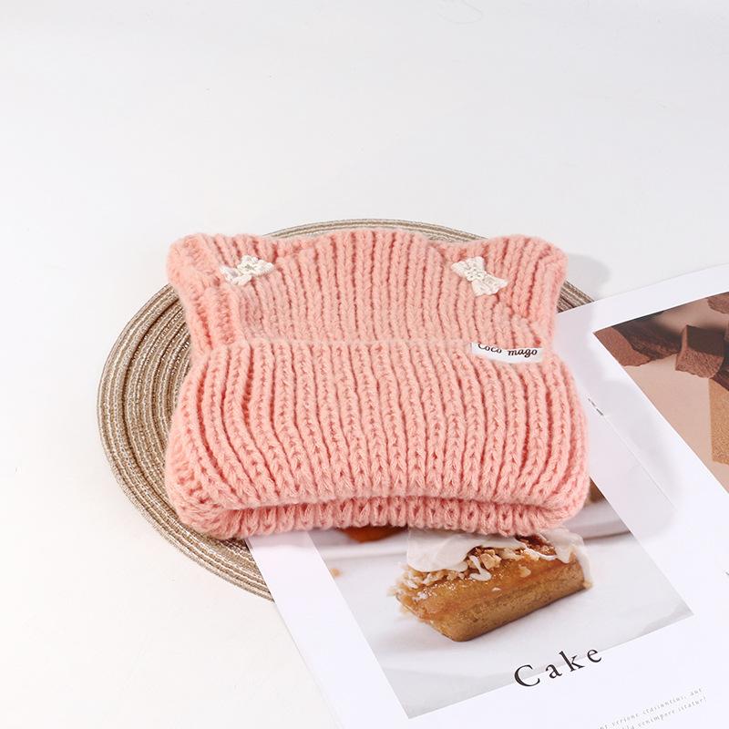 Korean Bow Hat Women's Cute Cat Ear Knitted Hat Outdoor Warm Versatile Wool Hat Student Pullover Cold Hat