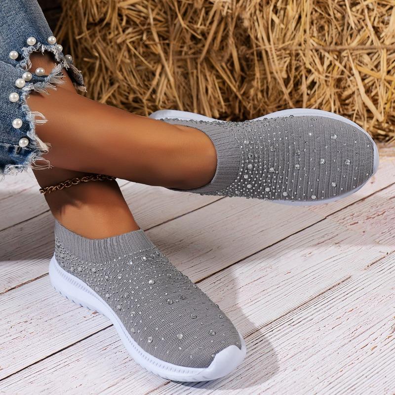 Flower Prints Knitted Flats for Women Plus Size Shiny Crystal Breathable Mesh Loafers Woman 2024 Autumn Slip-On Walking Shoes