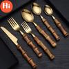 Hi Bamboo Handle Stainless Steel Cutlery Set Wooden Spoon and Fork Set Knife Minimalist Gold
