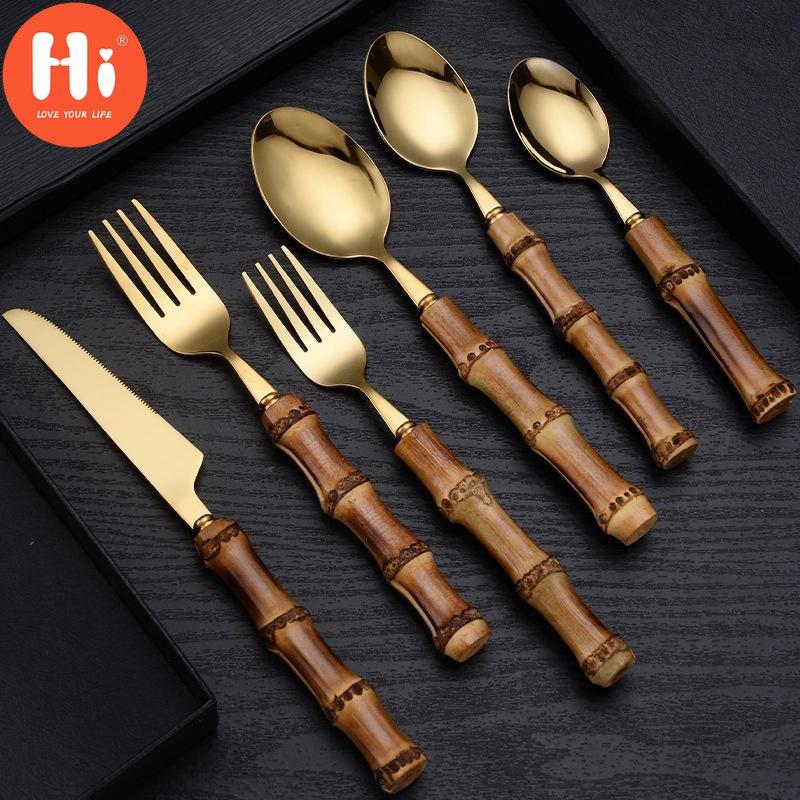 Hi Bamboo Handle Stainless Steel Cutlery Set Wooden Spoon and Fork Set Knife Minimalist Gold