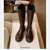 Cowhide~ Leather Boots Women's Small Brown Boots Autumn and Winter Boots Skinny Tall Boots Thick-soled Knight Boots