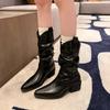 High Heels Mid Calf Pleated Boots for Women Autumn Winter Brown PU Leather Western Boots Woman Thick Heeled Cowgirl Botas Mujer
