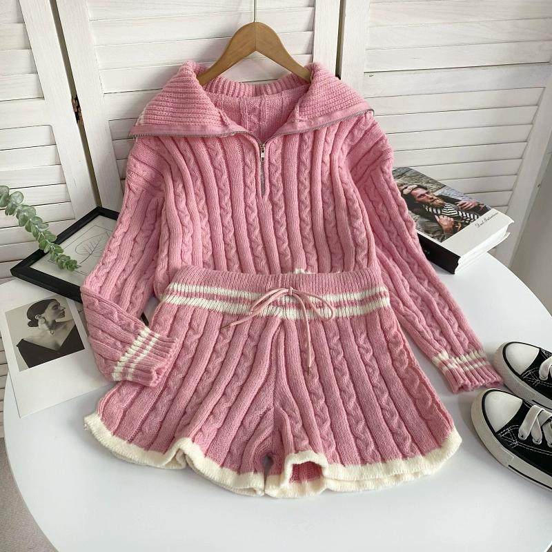 Autumn Winter Women Casual Twist Knitted Sweater Pant Two Piece Set Full Sleeve Zipper Pullover Tops and Elastic Waist Shorts Tracksuit