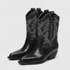 2025 Spring and Fall Fashion Pointy Solid Color Women's Mid-calf Boots with Mid-heel Sleeves Embroidered Western Cowboy Boots
