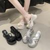 French Retro Flower Wedge Heel One-word Slippers Women's Summer Wear 2025 New Versatile Skirt Thick-soled Cool Slippers