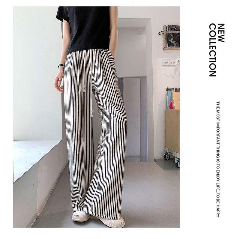 Women's Korean Pinstripe Wide-Leg Pants - Summer Casual, Loose Fit, Elastic Waist & Drawstring, Textured Straight-Leg.