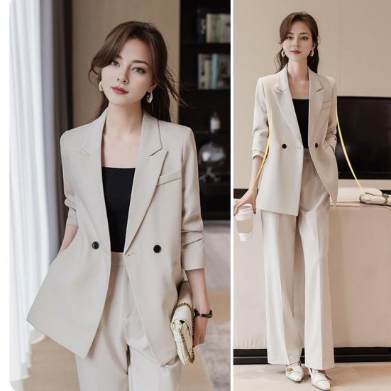 3 Pcs/Set Lady Formal Suit Coat Pants Set Turn-down Collar Button Decor Long Sleeves Jacket Loose Pure Color Trousers Casual Commuting Business Outfit