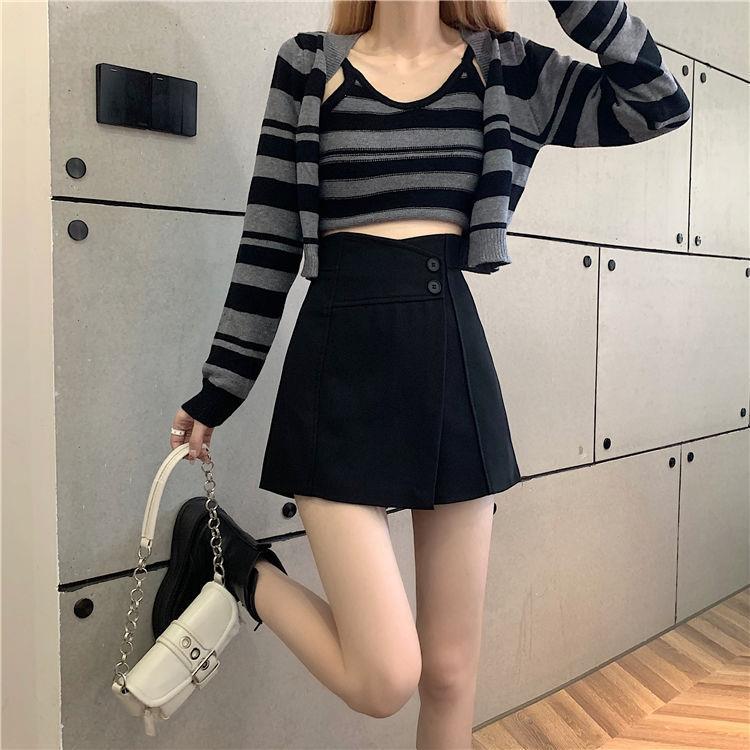 Women's High Waist Wide-Leg Skirt-Pants: 2025 Spring/Summer A-Line Faux Two-Piece Shorts Suit