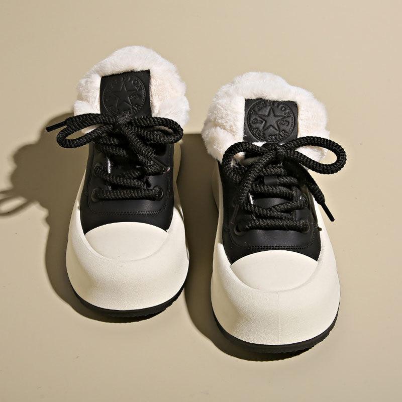 Флисовые утепленные кеды женские зима 2025 новые на толстой подошве маленькие белые туфли зимние пушистые женские туфли зимняя обувь сноубутсы хлопковые туфли